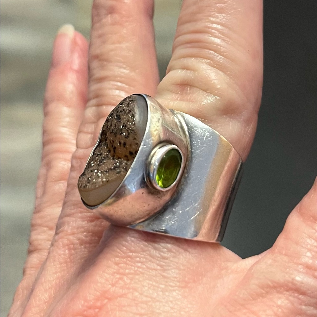 Obsidian Sterling Ring Raw Druzy Agate / Geode - Peridot Stones Vintage -Stamped